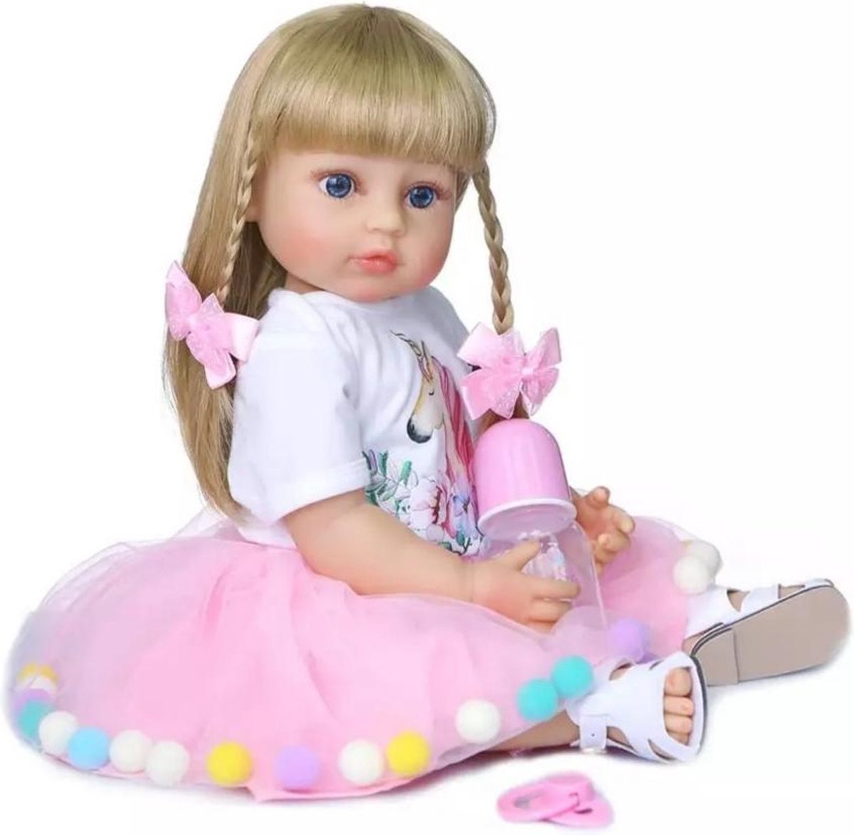 Reborn baby pop Eline - 55 cm - Blond meisje met roze outfit en speen - Full body silicone - Levensechte babypop - Waterproof